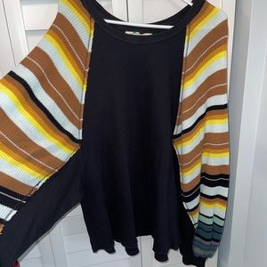 Free People Black Tunic with Multicolor Striped Balloon Sleeves